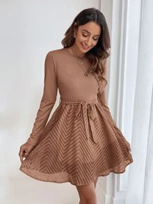 Chevron Jacquard Belted Dress - Brown - View 3