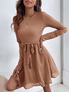 Chevron Jacquard Belted Dress - Brown - View 4