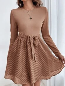 Chevron Jacquard Belted Dress - Brown - View 5
