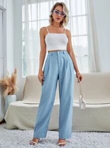SHEIN Unity Pantalones con bolsillos oblicuos con fruncido - Celeste - Ver 1