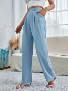 SHEIN Unity Pantalones con bolsillos oblicuos con fruncido - Celeste - Ver 3