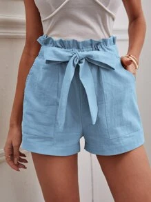 SHEIN ChicEase Shorts con cinturón unicolor de cintura con volante - Celeste - Ver 1