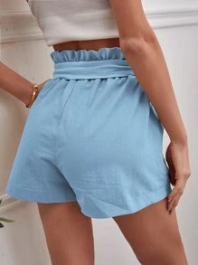 SHEIN ChicEase Shorts con cinturón unicolor de cintura con volante - Celeste - Ver 2