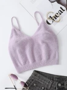 SHEIN EZwear 素色短款絨毛針織上衣 - 淡紫色 - 查看 1