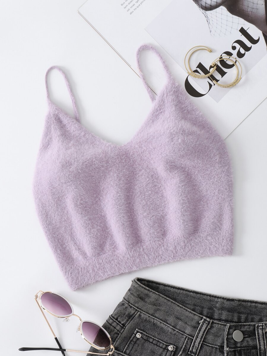 SHEIN EZwear 素色短款絨毛針織上衣 - 淡紫色 - 查看 1