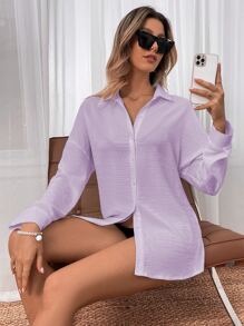 SHEIN VCAY Solid Drop Shoulder Shirt - Lilac Purple - View 5