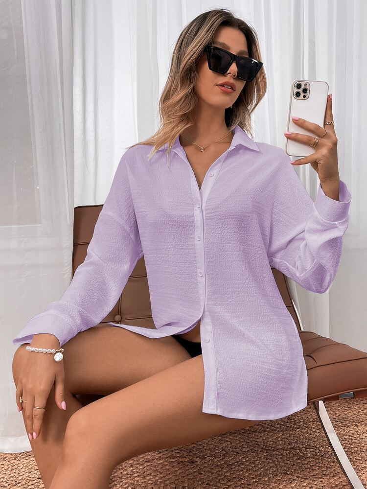 SHEIN VCAY Solid Drop Shoulder Shirt - Lilac Purple - View 5