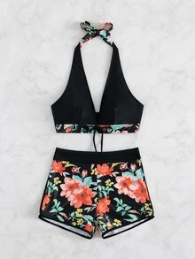Bộ bikini quần yếm buộc dây phía trước họa tiết hoa, cho kỳ nghỉ hè ở bãi biển - Nhiều màu - Xem 4
