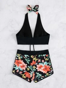 Bộ bikini quần yếm buộc dây phía trước họa tiết hoa, cho kỳ nghỉ hè ở bãi biển - Nhiều màu - Xem 3