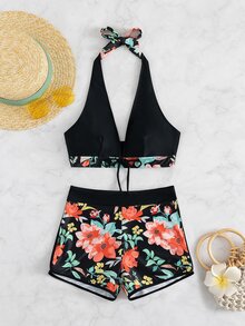 Bộ bikini quần yếm buộc dây phía trước họa tiết hoa, cho kỳ nghỉ hè ở bãi biển - Nhiều màu - Xem 7