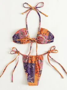 SHEIN Swim 拼接吊带侧系带比基尼 夏季 - 彩色 - 查看 2