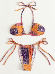 SHEIN Swim 拼接吊带侧系带比基尼 夏季 - 彩色 - 查看 3