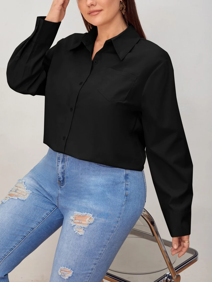 SHEIN Privé Camisa con parche de bolsillo unicolor - Negro - Ver 1