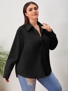 SHEIN Privé Camisa con parche de bolsillo unicolor - Negro - Ver 3