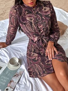 Đầm Thắt lưng Nút phía trước Paisley Boho - Nhiều màu - Xem 3