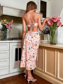 滿版印花鏤空高衩吊帶連衣裙 - 彩色 - 查看 2