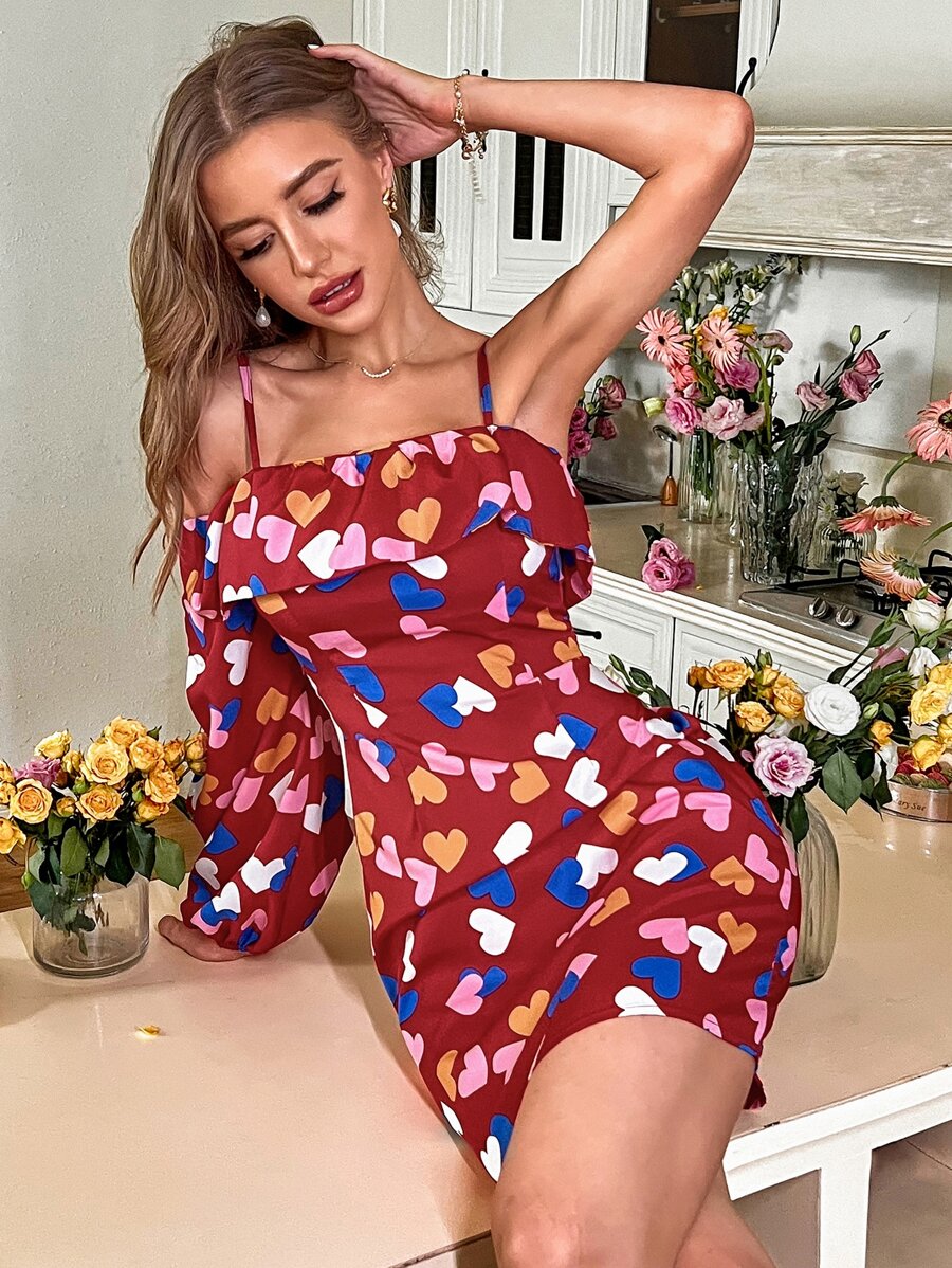 SHEIN Unity 滿身愛心荷葉邊肩部挖空緊身連衣裙 - 酒紅色 - 查看 1