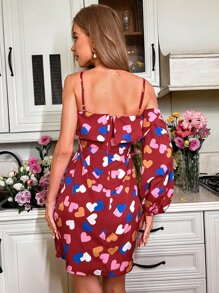 SHEIN Unity 滿身愛心荷葉邊肩部挖空緊身連衣裙 - 酒紅色 - 查看 2