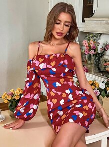 SHEIN Unity 滿身愛心荷葉邊肩部挖空緊身連衣裙 - 酒紅色 - 查看 5