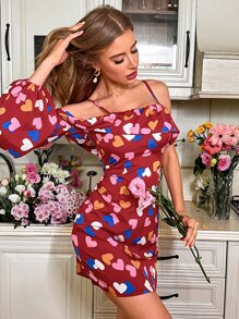 SHEIN Unity 滿身愛心荷葉邊肩部挖空緊身連衣裙 - 酒紅色 - 查看 6