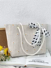 花卉印花装饰围巾，适合迷你单肩包，时尚蝴蝶结女士钱包 - 米色 - 查看 3