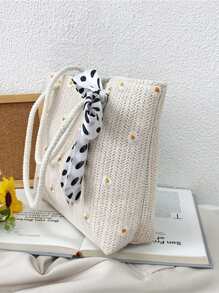 花卉印花装饰围巾，适合迷你单肩包，时尚蝴蝶结女士钱包 - 米色 - 查看 6