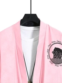 Manfinity EMRG 男士卡通和星星印花落肩袖和服罩衫不帶T恤 - 淺粉色 - 查看 3