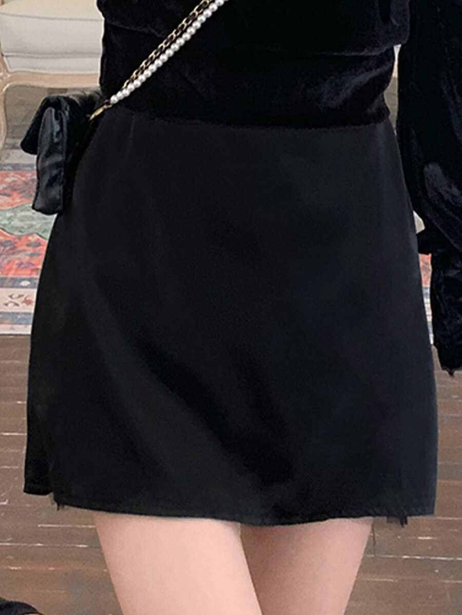 Solid Zip Back Straight Skirt - Black - View 1