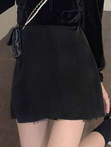 Solid Zip Back Straight Skirt - Black - View 3