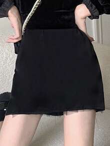 Solid Zip Back Straight Skirt - Black - View 4