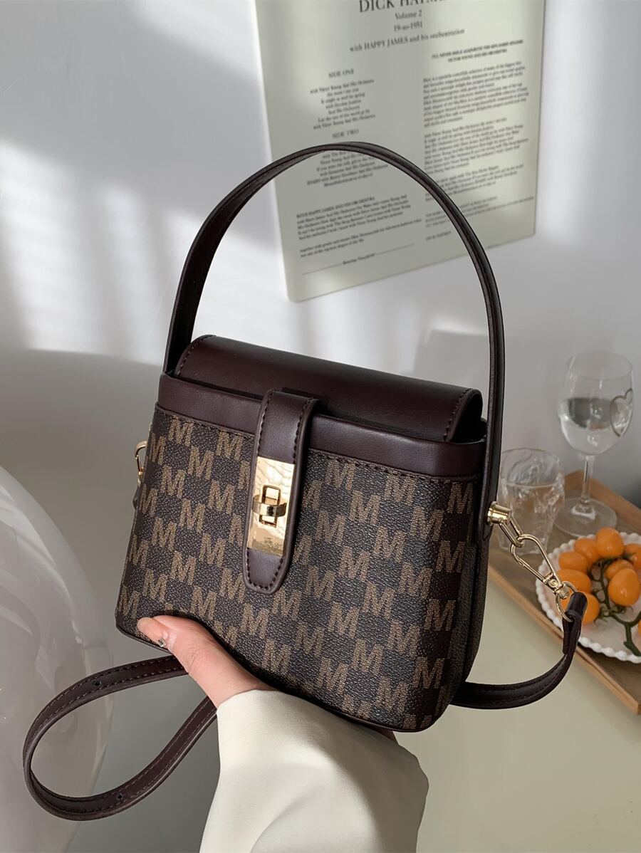 Old Moeny, Lightweight,Business Casual Mini Letter Graphic Twist Lock Square Bag For Teen Girls Women College Students,Rookies & White-Collar Workers Perfect For Office,College,Work ,Business,Commute,Outdoors, Travel, Outings - Brown - View 1