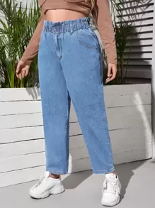 SHEIN Essnce Jeans unicolor con bolsillo oblicuo con volante - Lavado ligero - Ver 1