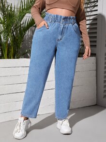 SHEIN Essnce Jeans unicolor con bolsillo oblicuo con volante - Lavado ligero - Ver 3