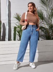 SHEIN Essnce Jeans unicolor con bolsillo oblicuo con volante - Lavado ligero - Ver 5