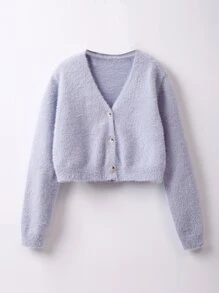 SHEIN Girls Fluffy Knit Cardigan - Dusty Purple - View 1