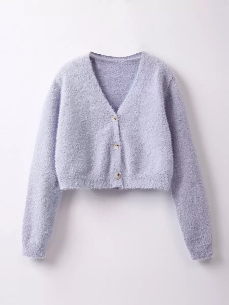 SHEIN Girls Fluffy Knit Cardigan - Dusty Purple - View 1