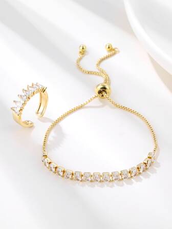Cubic Zirconia Decor Bracelet & Cuff Ring