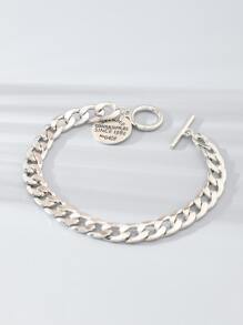 1pc Oversized Metal Feel Chunky Chain Bracelet With Geometric Round Pendant, Fashionable Party Accessory, Versatile For Everyday - Silver - View 2