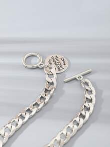 1pc Oversized Metal Feel Chunky Chain Bracelet With Geometric Round Pendant, Fashionable Party Accessory, Versatile For Everyday - Silver - View 3