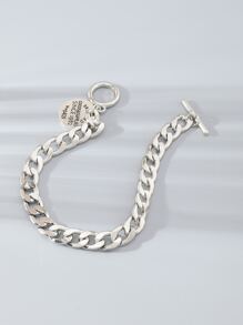 1pc Oversized Metal Feel Chunky Chain Bracelet With Geometric Round Pendant, Fashionable Party Accessory, Versatile For Everyday - Silver - View 4