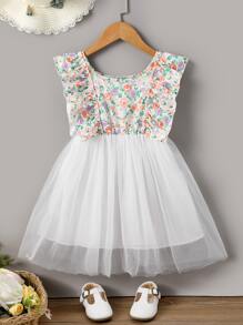 小女童印花荷葉邊網紗覆蓋連衣裙 - 彩色 - 查看 1