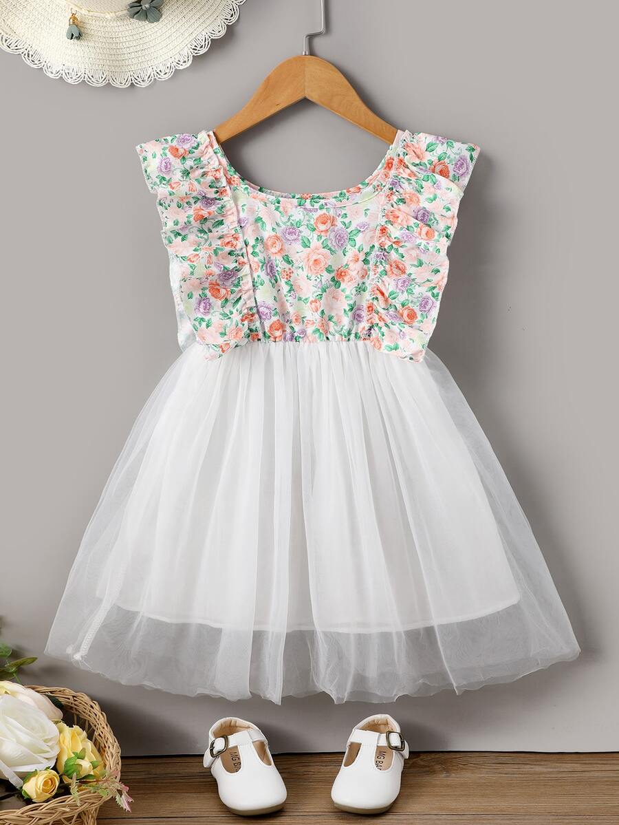 小女童印花荷葉邊網紗覆蓋連衣裙 - 彩色 - 查看 1