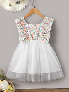 小女童印花荷葉邊網紗覆蓋連衣裙 - 彩色 - 查看 2