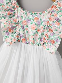 小女童印花荷葉邊網紗覆蓋連衣裙 - 彩色 - 查看 5