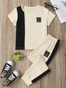 SHEIN Young Boy Colorblock Patched Tee & Sweatpants - Apricot - View 1