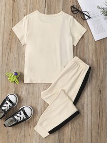 SHEIN Young Boy Colorblock Patched Tee & Sweatpants - Apricot - View 2