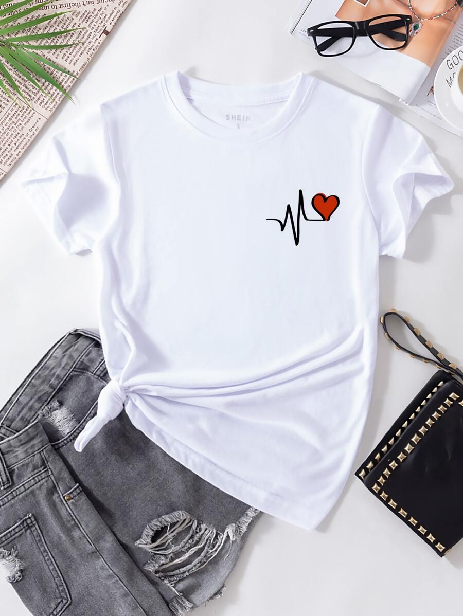 SHEIN Essnce 心形印花 T 恤 图案 T 恤 女式上衣