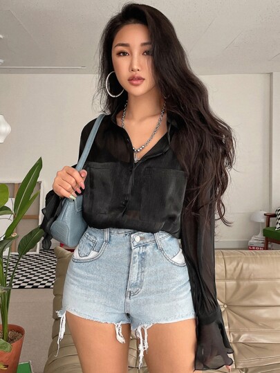 Camicia con maniche a volant e tasche doppie, top a maniche lunghe da donna per l'autunno