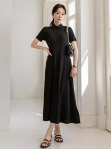 DAZY 高領開岔實色a字裙 - 黑色 - 查看 4