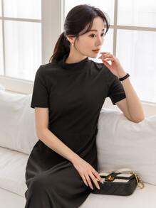 DAZY 高領開岔實色a字裙 - 黑色 - 查看 7